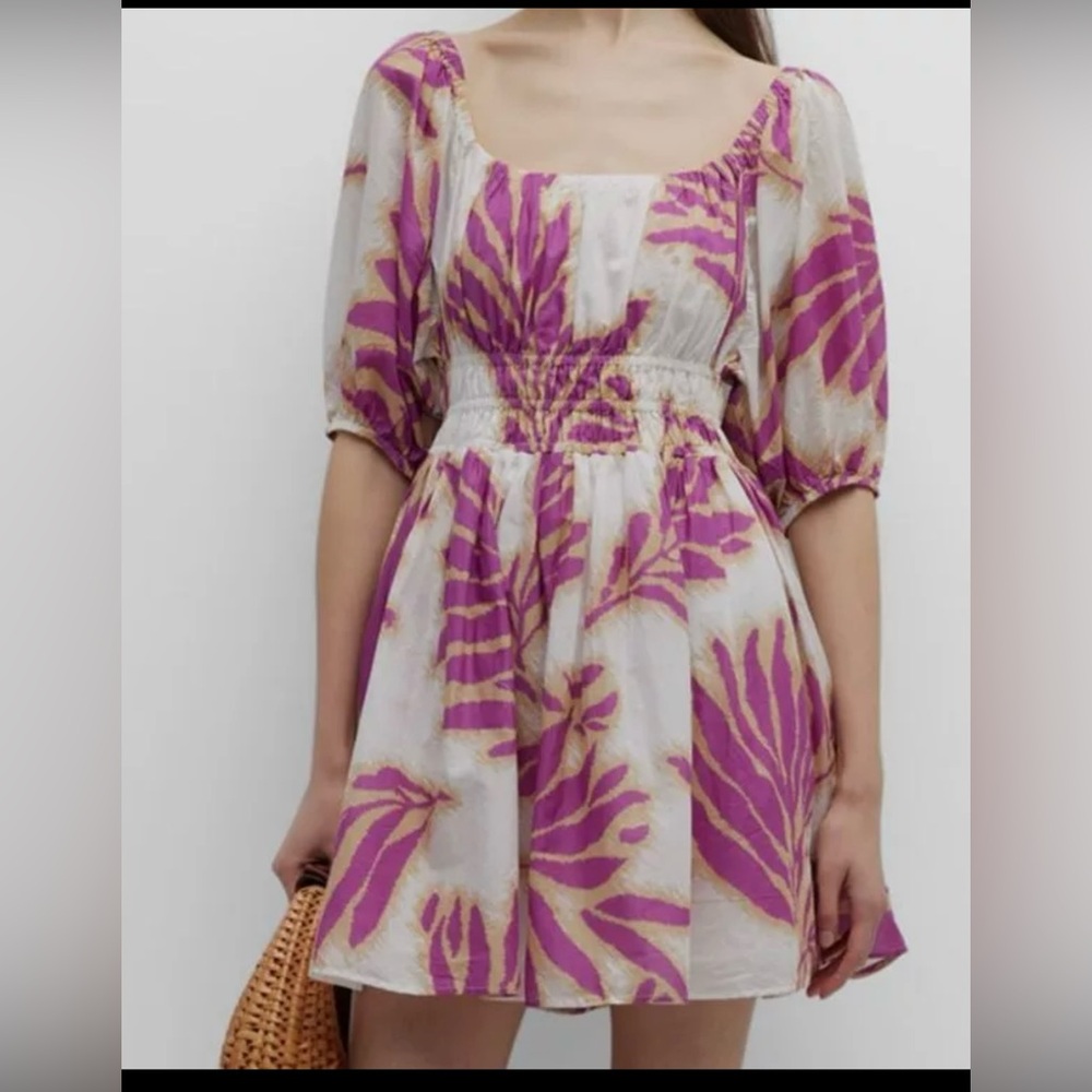 Tanya Taylor Women Purple Puff-Sleeve Cinched Mini Dress Size L